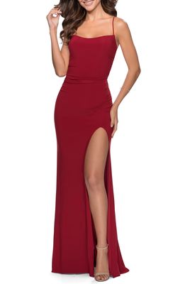 La Femme Spaghetti Strap Jersey Gown in Red