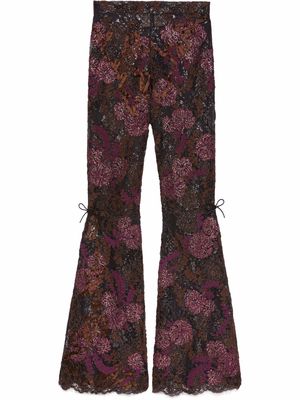 Gucci lamé floral lace flared trousers - Brown