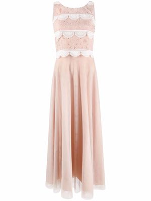D.Exterior guipure lace sleeveless flared long dress - Neutrals
