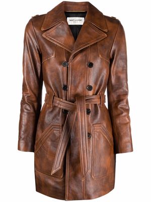 Saint Laurent double-breasted leather coat - Brown