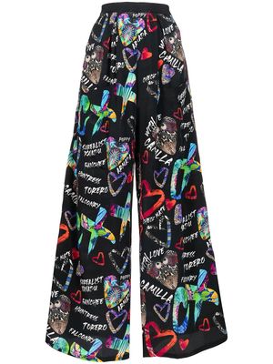 Camilla Tagged Up graphic-print palazzo trousers - Black
