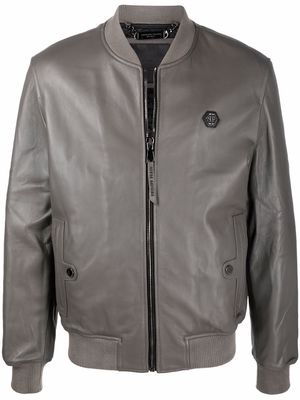 Philipp Plein embossed-logo leather bomber jacket - Grey