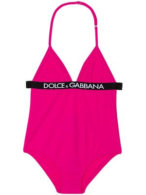 Dolce & Gabbana Kids logo-band halterneck swimsuit - Pink