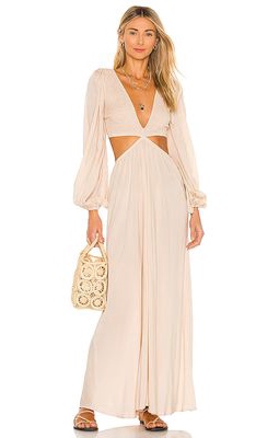 Indah Julie Solid Ruched Bodice Cutaway Maxi Dress in Beige