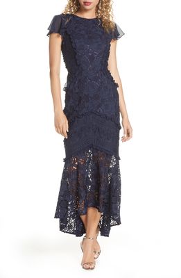 Chi Chi London Crochet & Lace Flounce Sleeve Dress in Navy