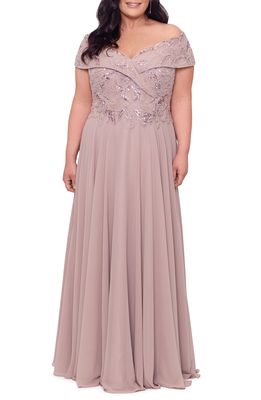 Xscape Beaded Chiffon Off the Shoulder Gown in Taupe