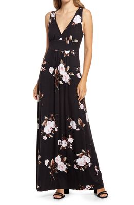 Loveappella Floral Print V-Neck Jersey Maxi Dress in Black