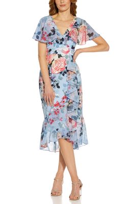 Adrianna Papell Floral Wrap Front Ruffle Midi Dress in Blue Multi