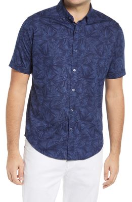 Bugatchi Palm Print Short Sleeve Knit Button-Down Shirt in Blue