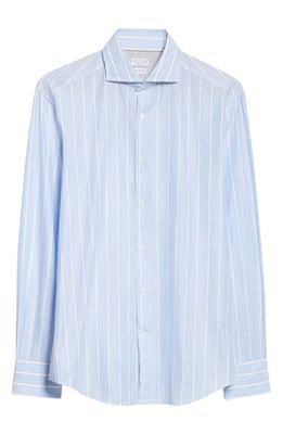 Brunello Cucinelli Men's Slim Fit Stripe Cotton & Linen Shirt in C013-Celeste