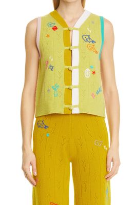 YanYan Curious Embroidered Lambswool Vest in Matcha