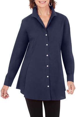 Foxcroft Cecilia Non-Iron Button-Up Tunic Shirt in Navy