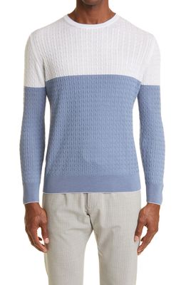 Eleventy Cable Colorblock Merino Wool & Silk Sweater in Denim-White