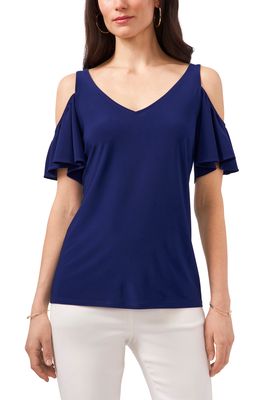 Chaus Ruffle Cold Shoulder Top in Navy Blue