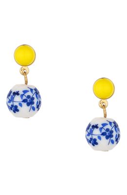 Ettika Chinoiserie Imitation Pearl Drop Earrings in Blue/Yellow Multi