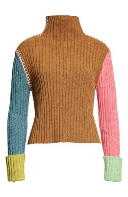 YanYan Tweedle Colorblock Rib Funnel Neck Sweater in Ochre Multi
