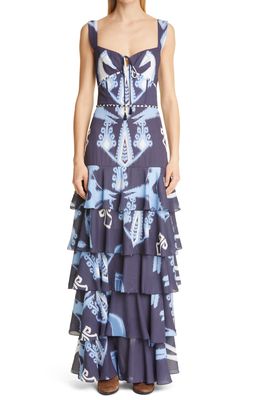 Johanna Ortiz Boundless Pampas Tiered Recycled Polyester Dress in Ikat Midnight Blue Ecru