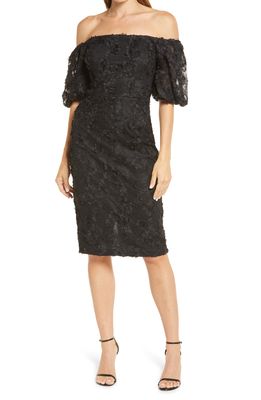 Xscape Off-the-Shoulder 3D Lace Sheath Dress in Black/Black