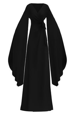 DIARRABLU Maya Exaggerated Long Sleeve Satin Wrap Dress in Black