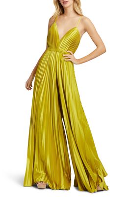 Ieena for Mac Duggal Pleated Satin Wide Leg Jumpsuit in Chartreuse