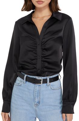 Sanctuary Time to Shine Ruched Satin Button-Up Shirt in Black