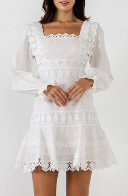 Endless Rose Lace Trim Long Sleeve Cotton & Linen Dress in White