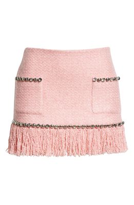 Area Crystal Trim Fringe Tweed Miniskirt in Pale Pink
