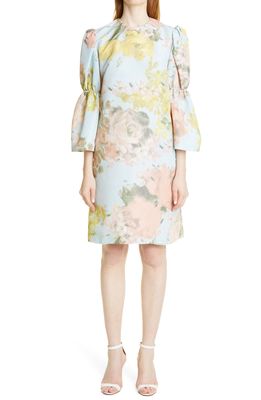 Lela Rose Puff Sleeve Floral Tunic Dress in Sky Multi