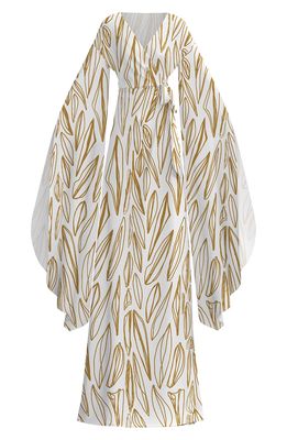 DIARRABLU Maya Exaggerated Long Sleeve Fiore Print Jacquard Wrap Dress in Gold