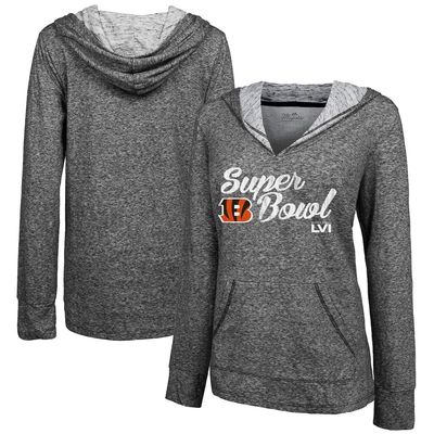 Women's Majestic Threads Heathered Black Cincinnati Bengals Super Bowl LVI Bound Arrival Slub V-Neck Pullover Hoodie in Heather Black