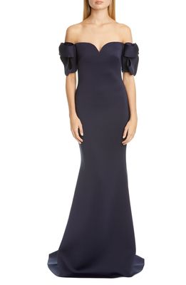 Badgley Mischka Collection Bow Sleeve Trumpet Gown in Navy
