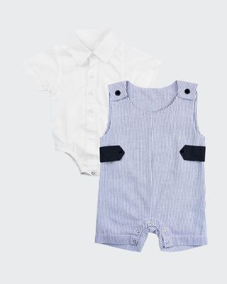 Short Sleeve Collared Bodysuit w/ Seersucker Overalls, Size 0-18 Months