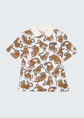 Boy's Allover Tiger-Print Polo Shirt, Size 6-12
