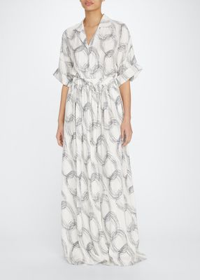 Long Printed Drawstring Silk Dress