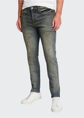 Men's Ripped-Knee Slim Jeans with Raw Edges