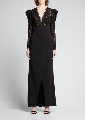 Scallop Lace V-Neck Long-Sleeve Crepe Gown