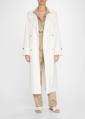 Long Double-Breasted Silk Trench Jacket w/ Tie-Waist