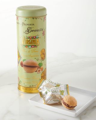 Ligurian Baci Di Dama Hazelnut and Chocolate Cookies in a Round Tin