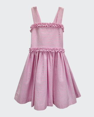 Girl's Striped Ruffle Bow Cotton Dress, Size 7-14