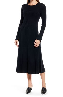 Nordstrom Rib Long Sleeve Midi Sweater Dress in Black