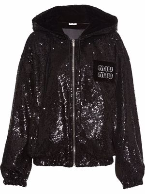 Miu Miu sequinned logo-patch zipped hoodie - Black