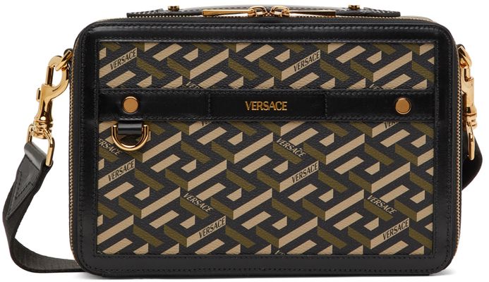 Versace Black & Khaki 'La Greca' Messenger Bag