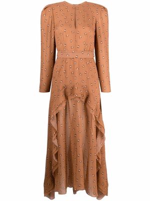 Ulyana Sergeenko graphic-print silk ruffled dress - Brown