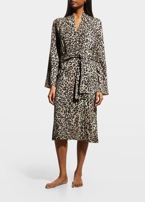 Cashmere Short Wrap Leopard-Print Robe with Bell Sleeves