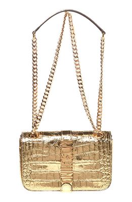 Moschino Logo Metallic Croc Embossed Faux Leather Shoulder Bag in Fantasy Print Shiny Gold