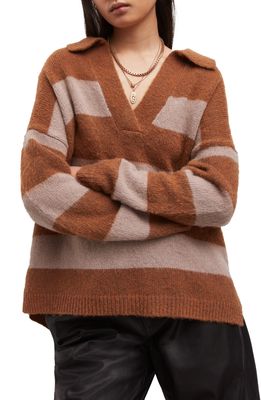 AllSaints Lou Stripe Oversize Polo Sweater in Ginger Brown/Pink