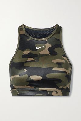 Nike - Swoosh Mesh-paneled Cutout Camouflage-print Dri-fit Sports Bra - Green