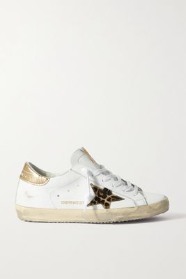 GOLDEN GOOSE DELUXE BRAND - Superstar Distressed Leopard-print Calf Hair-trimmed Leather Sneakers - White