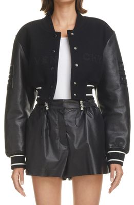 Givenchy Leather Sleeve Logo Crop Varsity Jacket in Black/White