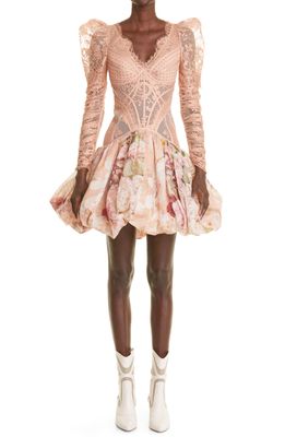 Zimmermann Dancer Puff Sleeve Silk & Linen Minidress in Blush Garden Floral